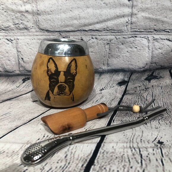Yerba Mate Gourd Straw Stainless Cup KIT ARTISAN HANDMADE Dog - Picture 3 of 5